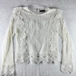 Camisa White Lace Crochet Long Sleeve Blouse Women XL Boho Cottagecore Sheer Top